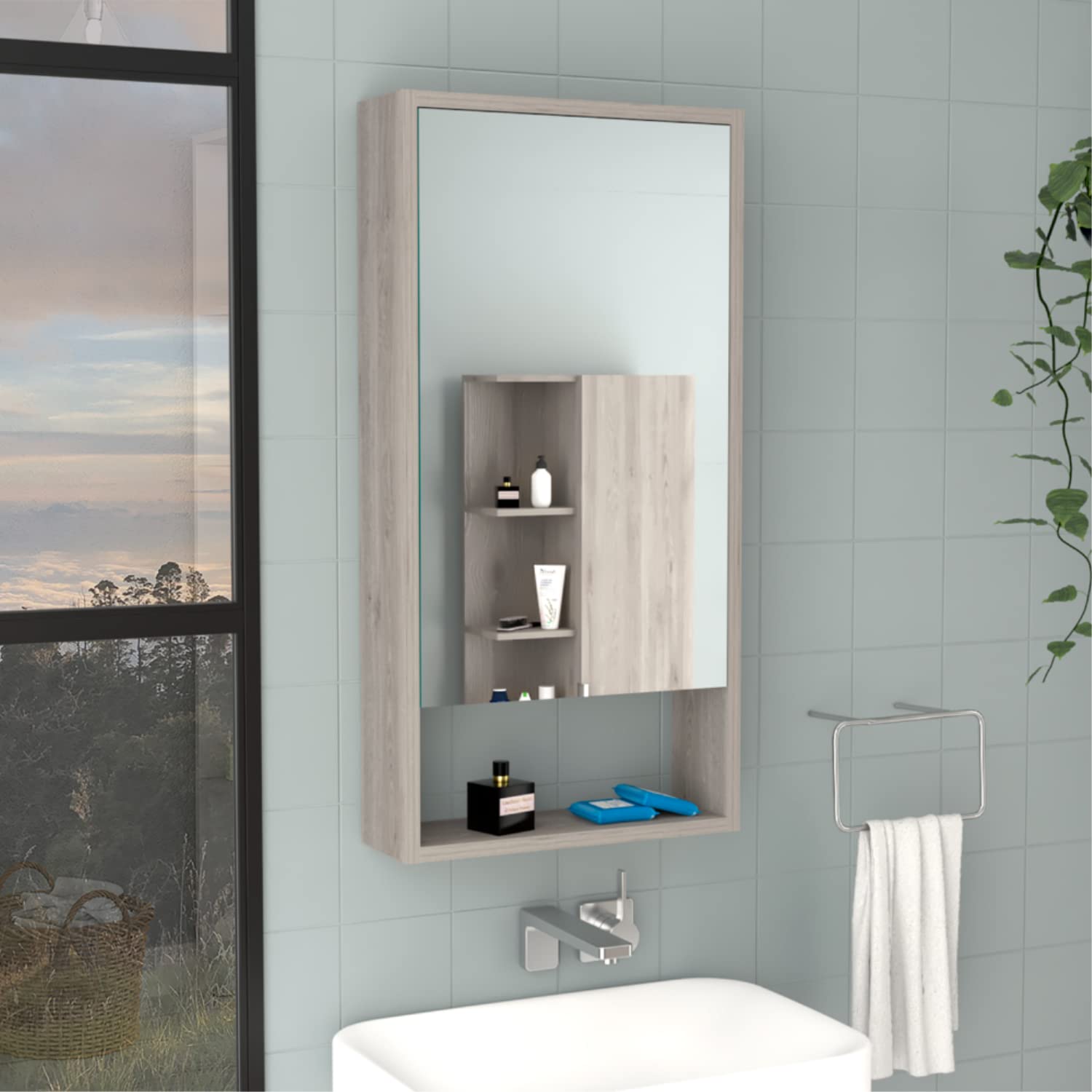Medicine 35H Single Door Cabinet, 2 Interior Shelves, 1 External Shelf, Light Gray