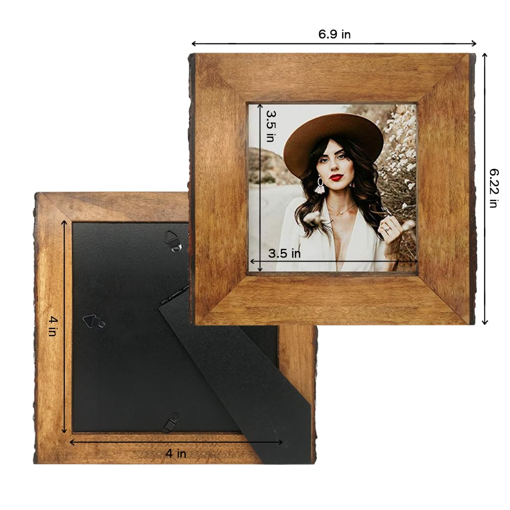 Ikeree 4X4 Rustic Picture Frames With Natural Bark Edges, Brown Wood Photo Frame For Tabletop Or Wall Mounting Display