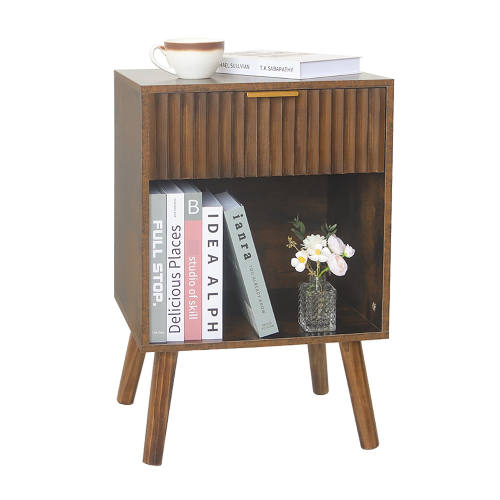 Fultyle Mid Century Modern Nightstand, Wood Bedside Table With Drawer And Opening Storage, End Table Living Room Fluted Night St