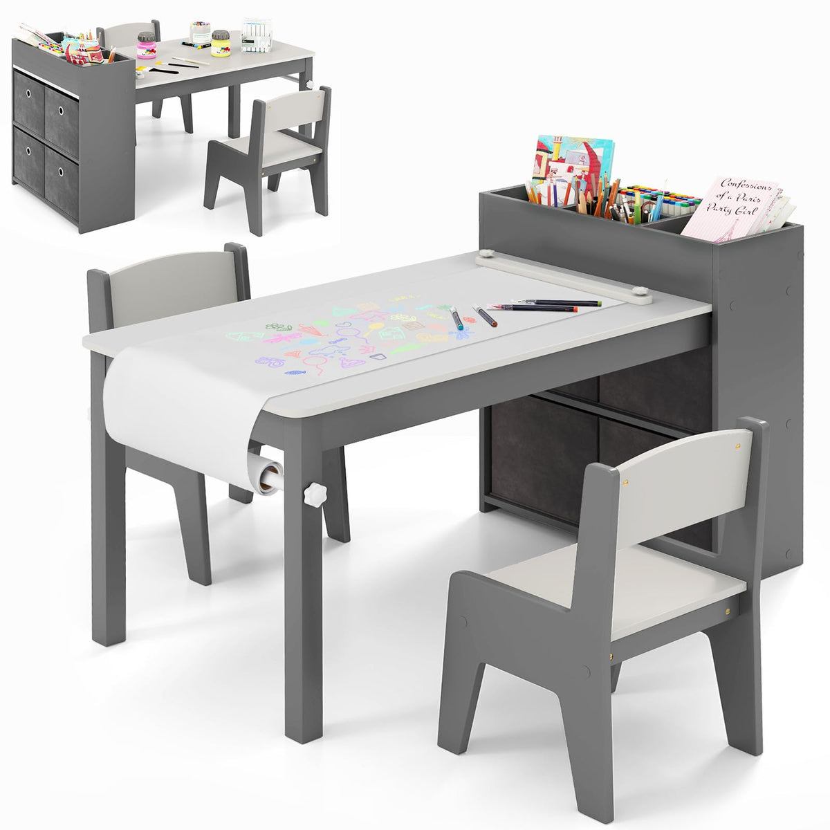 Costzon Kids Table and Chairs, 3 in 1 Wooden Art Drawing Table with 2 Chairs, 4 Fabric Bins, Multiple Open Storage Compartments 
