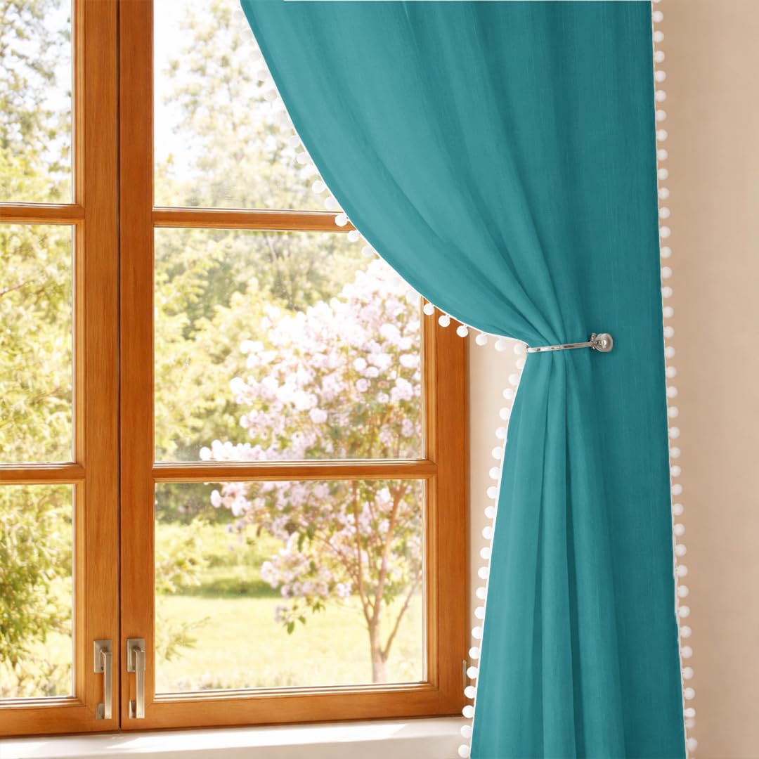 Homemonde Set Of 2 Sheer Door Curtains With Pompoms 7 Feet Curtain Panels, Sun Light Filtering, Top Style Rod Pocket  Blue