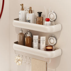 CICUFY Shower Caddy Suction Cup, 2 Pack No Drilling Corner Shower Shelves with Towel Bar & Removable Hooks Square White