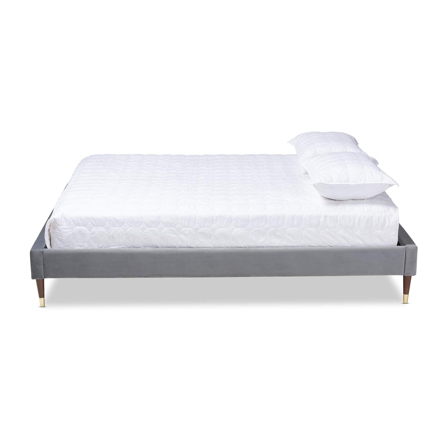 Baxton Studio Volden Glam and Luxe Charcoal Velvet Fabric Upholstered Full Size Wood Platform Bed Frame with Gold-Tone Leg Tips