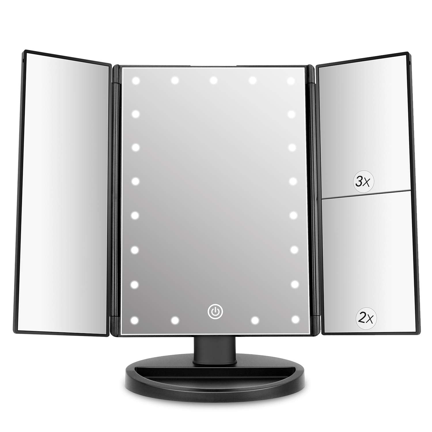 deweisn Tabletop Mount Trifold Lighted Vanity Mirror with 21 LED Lights, Touch Screen and 3X/2X/1X Magnification, Two Power Supp