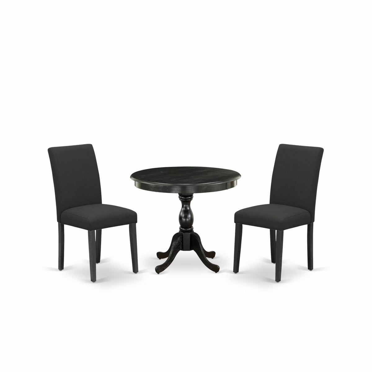 East West Furniture AMAB3-ABK-24 3 Piece Modern Dining Table Set Contains a Round Kitchen Table with Pedestal and 2 Black Color Linen Fabric Upholstered Chairs, 36x36 Inch, Wirebrushed Black
