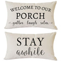 Pandicorn Welcome To Our Porch Stay Awhile Farmhouse Throw Pillow Covers 12X20 Set Of 2 For Outdoor Porch Decor Lumbar Pillow De