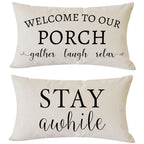 Pandicorn Welcome To Our Porch Stay Awhile Farmhouse Throw Pillow Covers 12X20 Set Of 2 For Outdoor Porch Decor Lumbar Pillow De