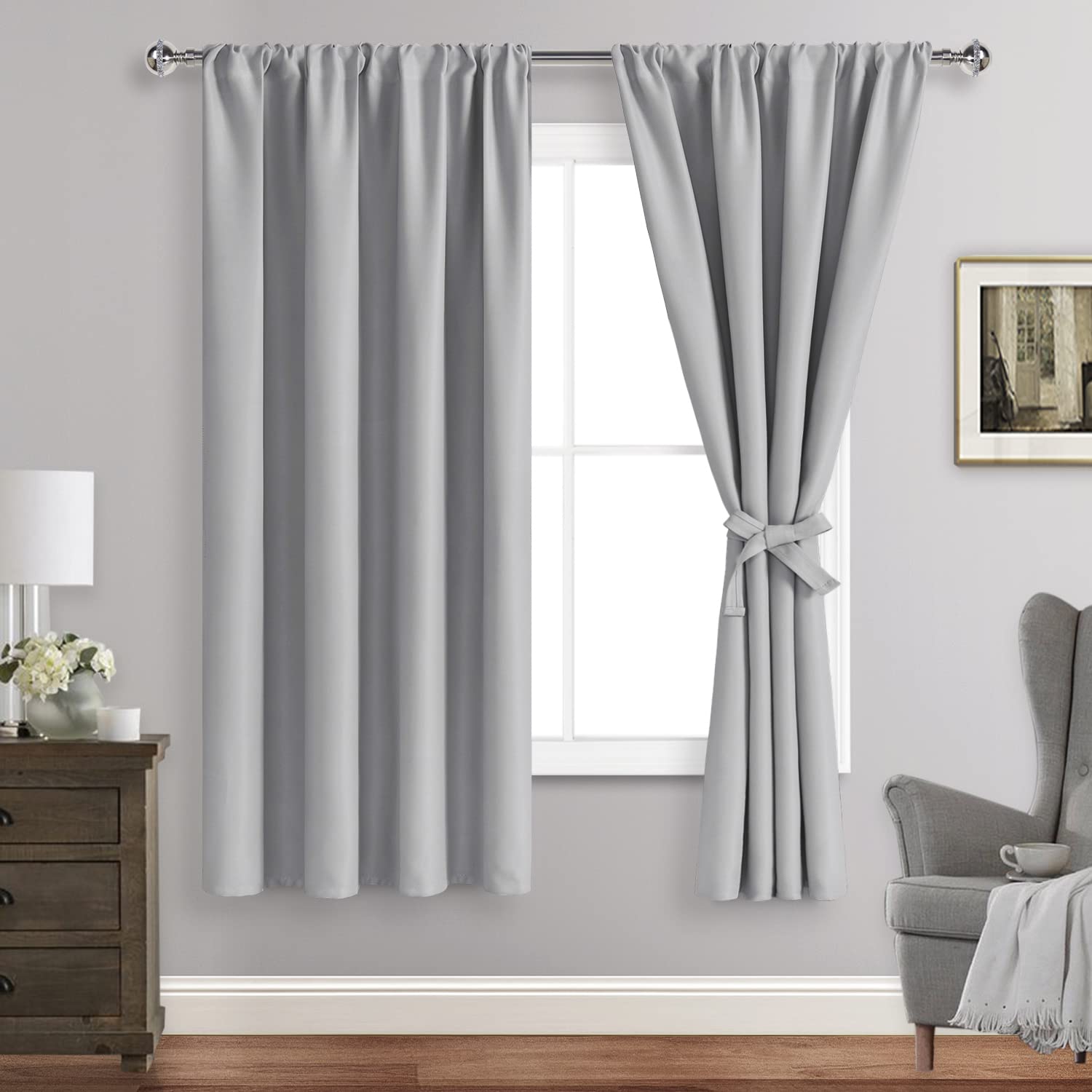 Jiuzhen Silver Grey Curtains For Bedroom - Thermal Insulated Blackout Curtains With Tiebacks 2 Panels, Room Darkening Rod Pocket Curtains For Living Room, 38 X 72 Inch Length