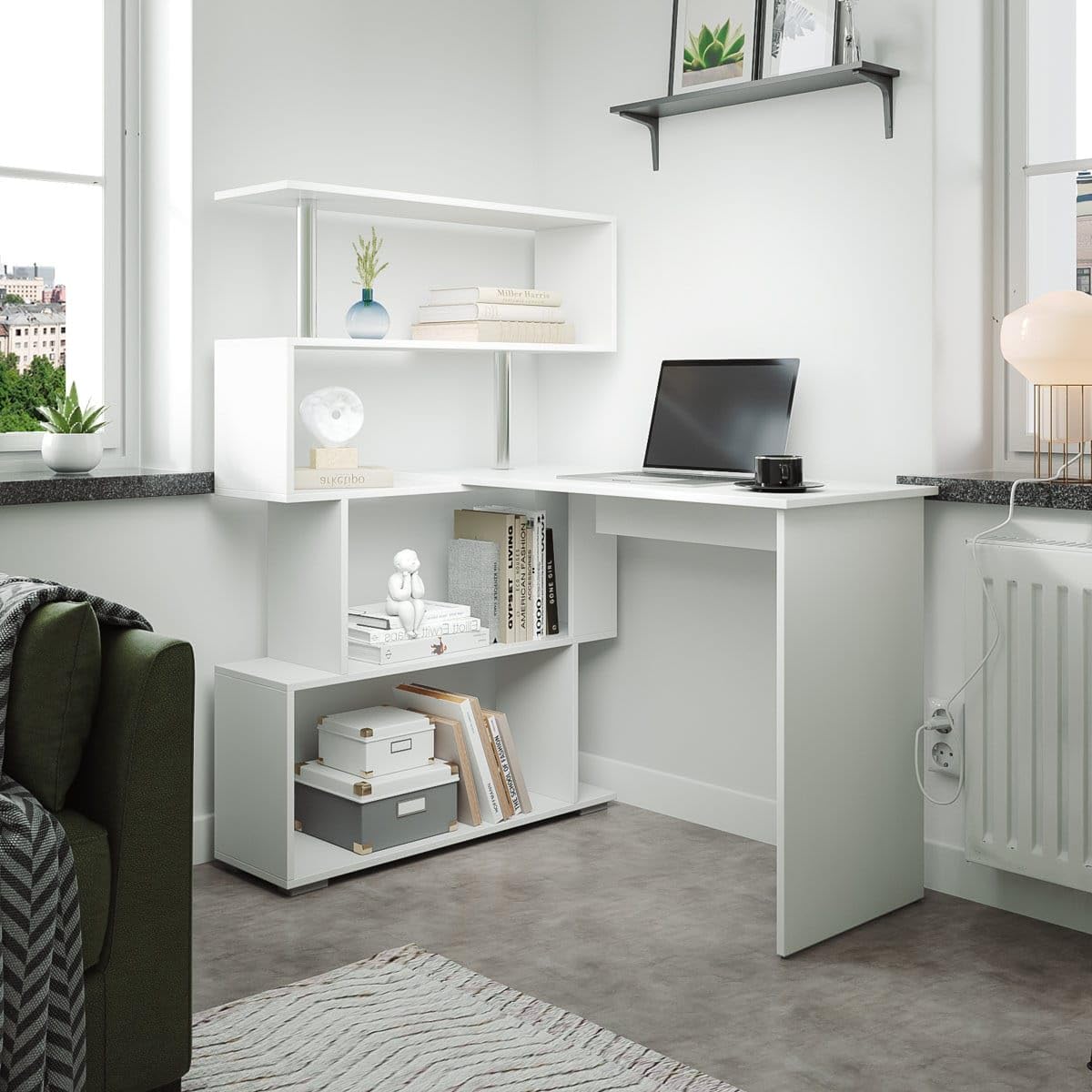 Grand Furnish Engineering Wood Lshaped Oak Desk With White Stierbookshelf