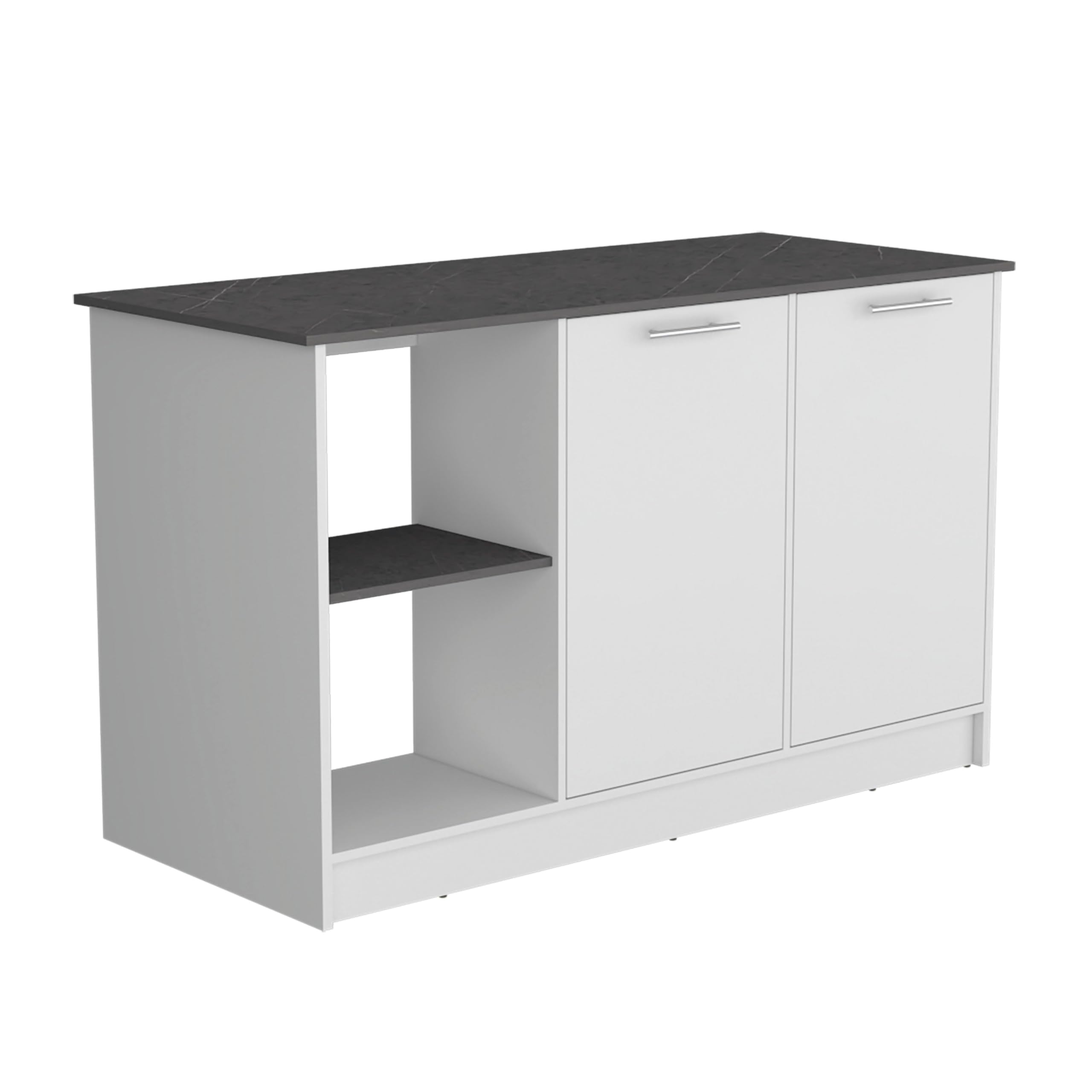 Depot E-Shop Coral Kitchen Island With Large Countertop, Open Storage Shelves And Double Door Cabinet, White/Onyx