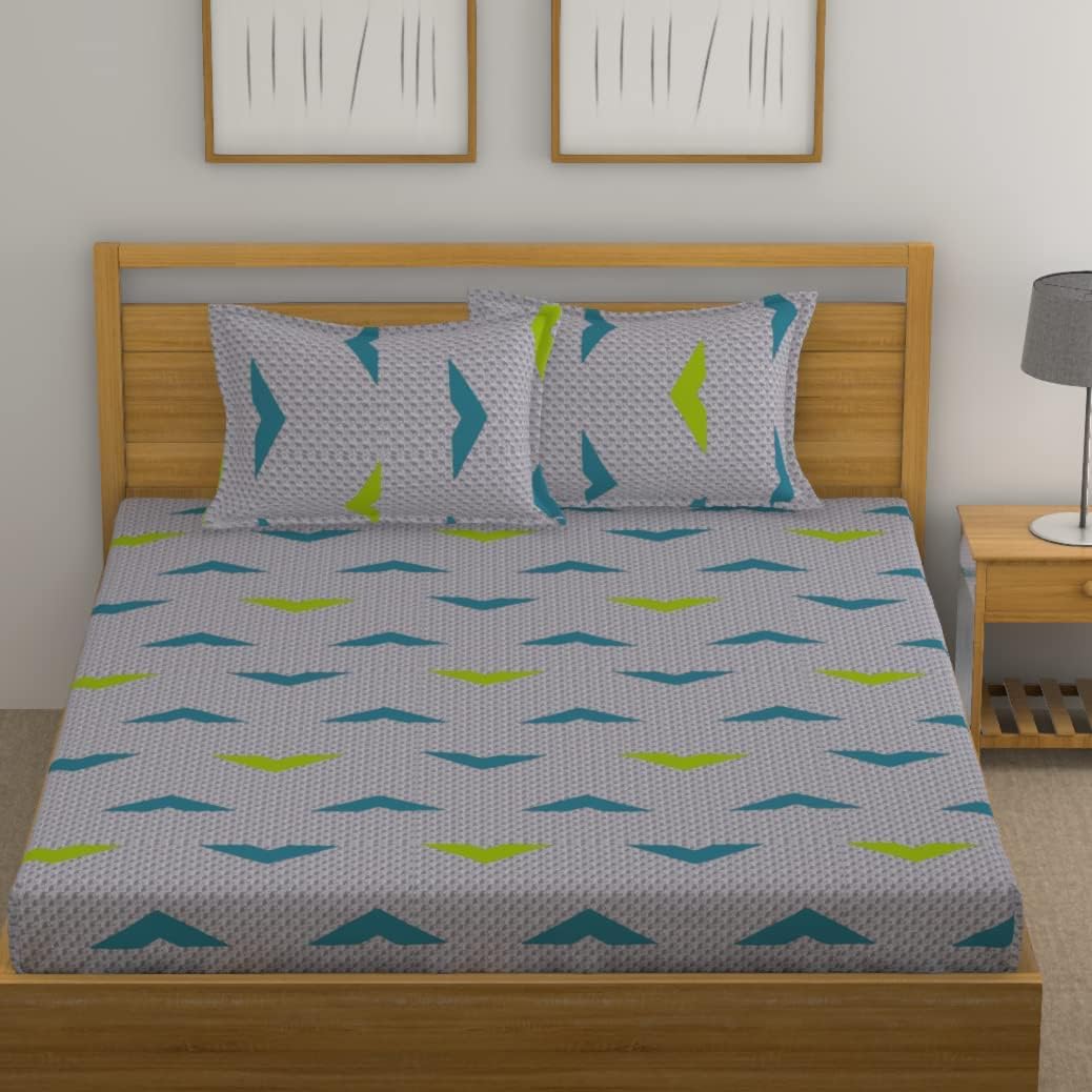 Huesland By Ahmedabad Cotton 144 Tc Cotton Bedsheet For Double Bed With 2 Pillow Covers  Light Grey, Blue & Green