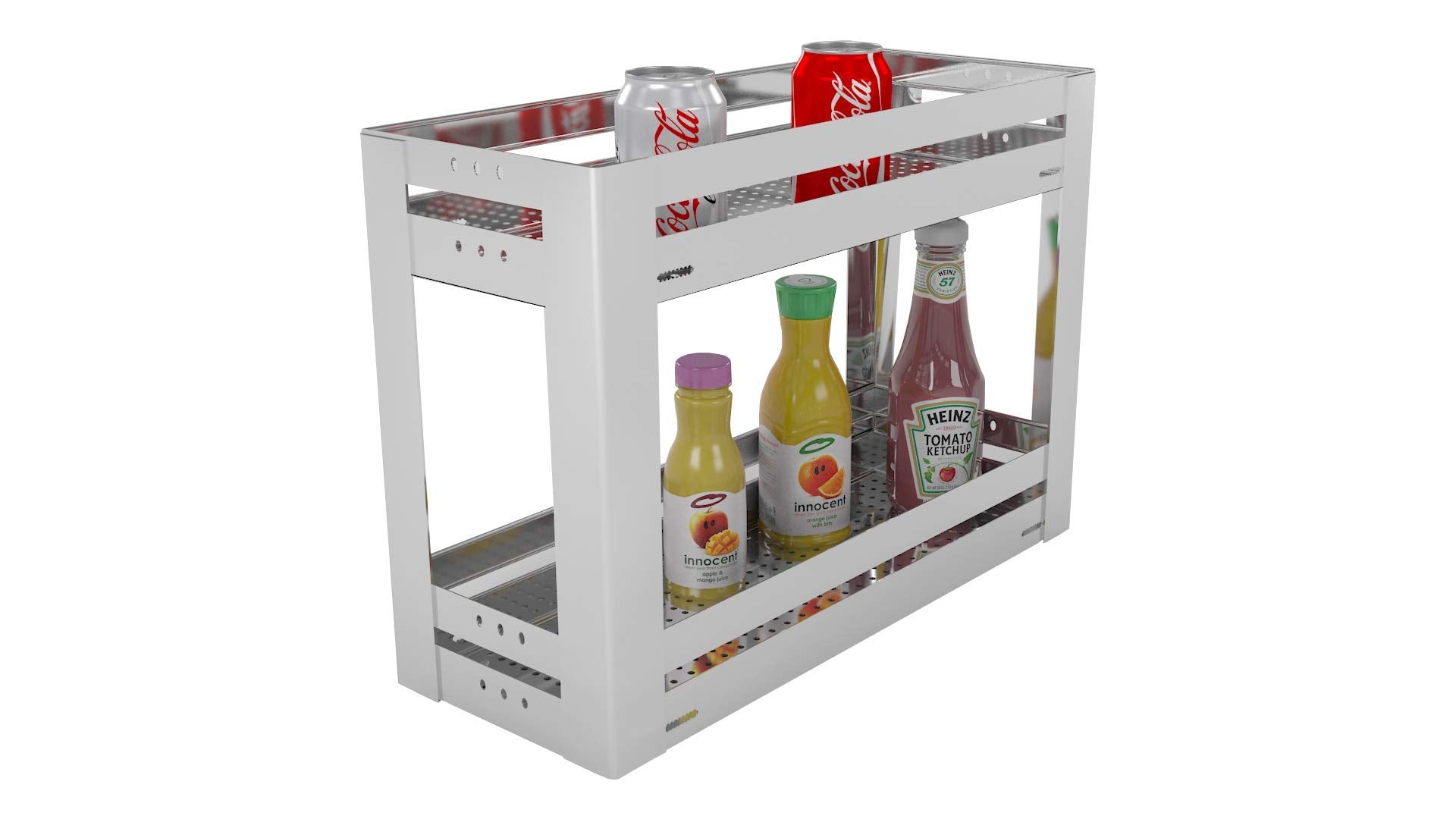 Bloo Basket Stainless Steel 2 Shelves Bottle Pullout Basket, Silver. (Without Channel, 8 * 20 * 17 Perforated)