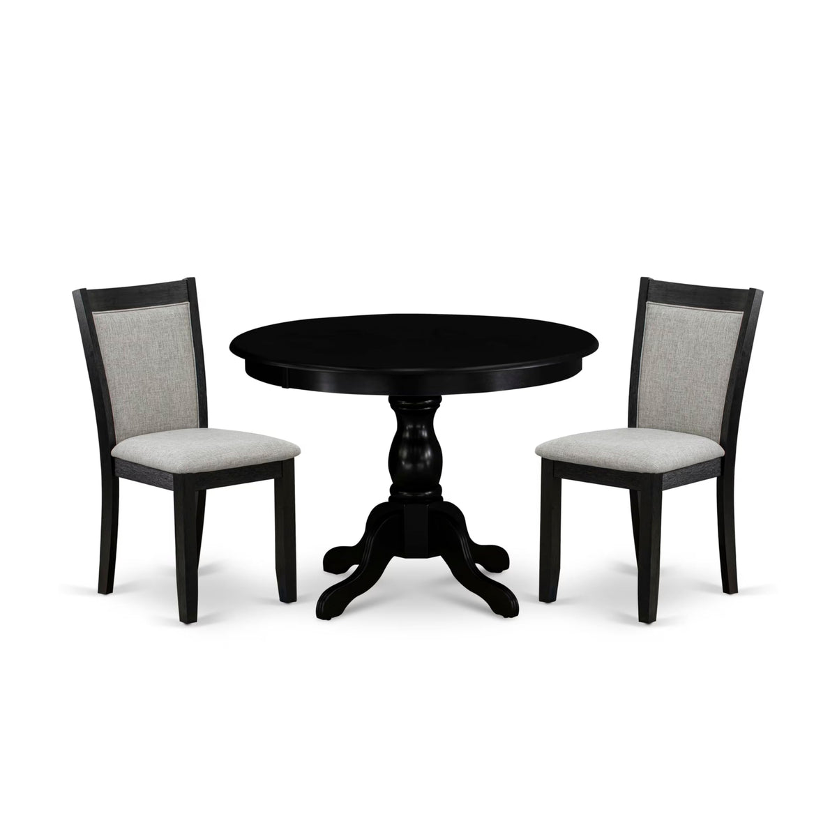 East West Furniture HBMZ3-AB6-06 3 Piece Kitchen Table Set Contains a Round Dining Table with Pedestal and 2 Shitake Linen Fabric Upholstered Chairs, 42x42 Inch, Wirebrushed Black