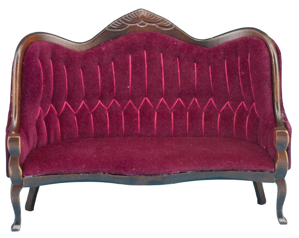 Classics Dollhouse Victorian Sofa, Walnut with Red Velour Fabric