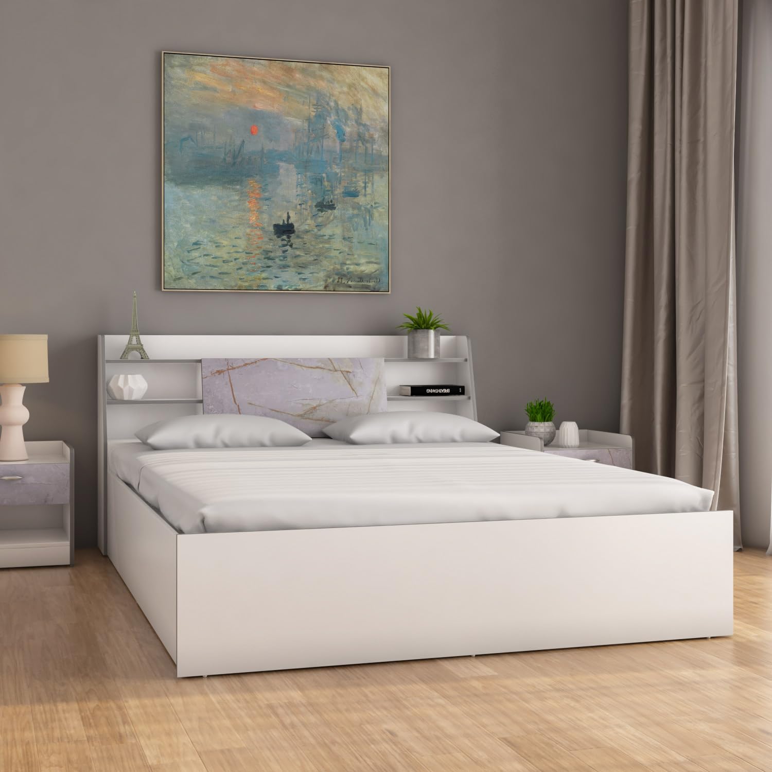 Nilkamal Marbito Engineered Wood Queen Bed With Box Storage| Melamine Finish And 4 Spacious Compartments | For Bedroom | White