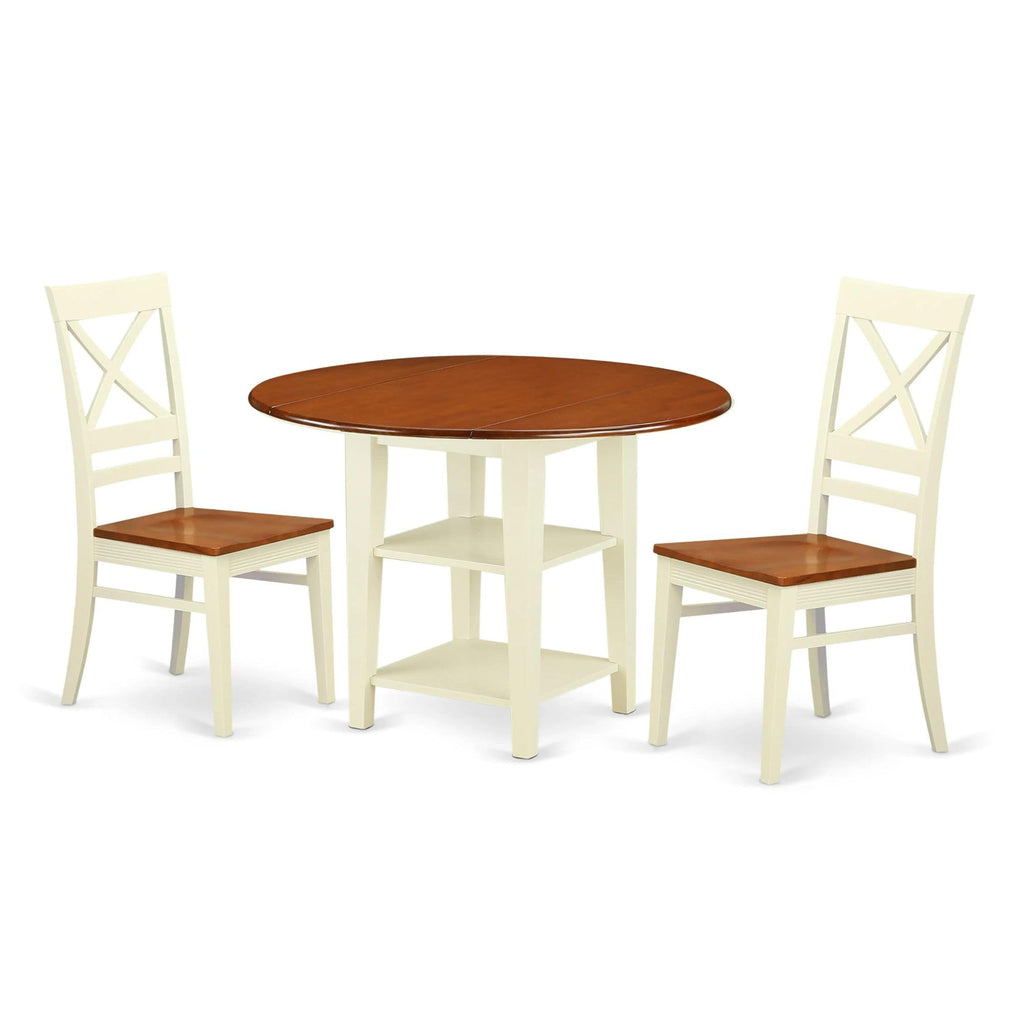 East West Furniture SUQU3-BMK-W 3 Piece Modern Dining Table Set Contains a Round Wooden Table with Dropleaf & Shelves and 2 Dining Chairs, 42x42 Inch, Buttermilk & Cherry