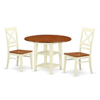 East West Furniture SUQU3-BMK-W 3 Piece Modern Dining Table Set Contains a Round Wooden Table with Dropleaf & Shelves and 2 Dining Chairs, 42x42 Inch, Buttermilk & Cherry