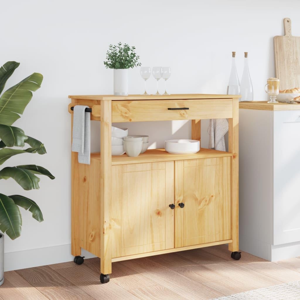 vidaXL Pine Wood Kitchen Trolley - Rolling Cart with Wheels, Drawer, Hook Storage, Honey Wax Brown Finish, 33.1x15.7x35.4 inches for Multiple Rooms