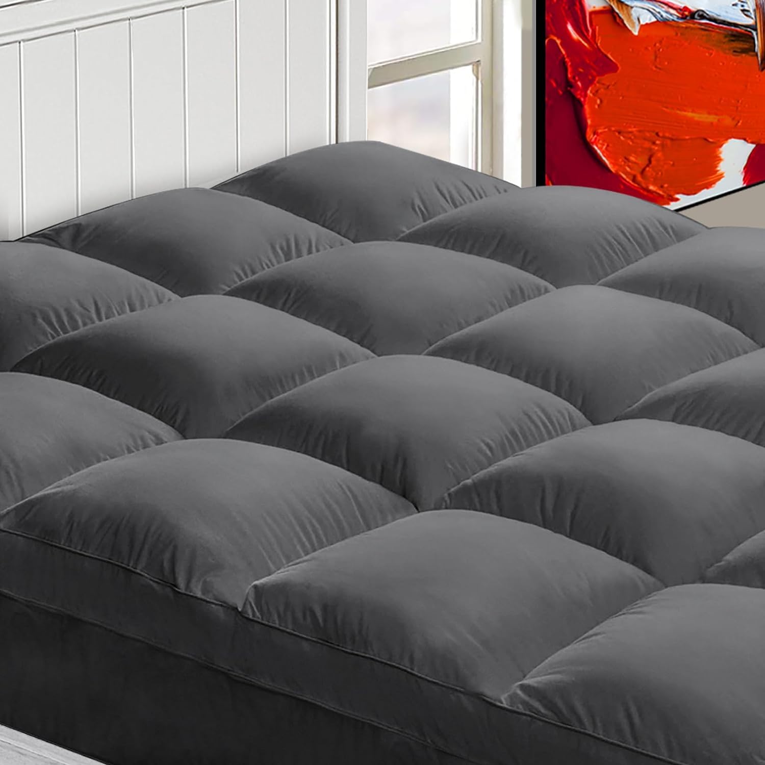 Mattress Topper King For Back Pain, Extra Thick Mattress Pad Cover, Plush Pillow Top, Deep Elastic Pocket, Grey