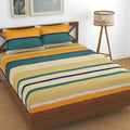 Tib Glace Cotton 144 Tc 78 X 60 Elastic Fitted Bedsheets Queen Size With 2 Pillow Covers, Pack Of 3, Yellow Lines