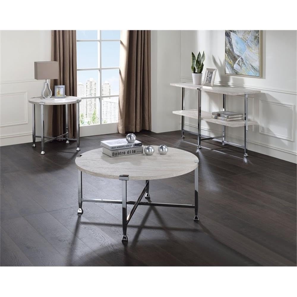 Acme Brecon Rectangular Wooden Sofa Table with Shelf in White Oak and Chrome