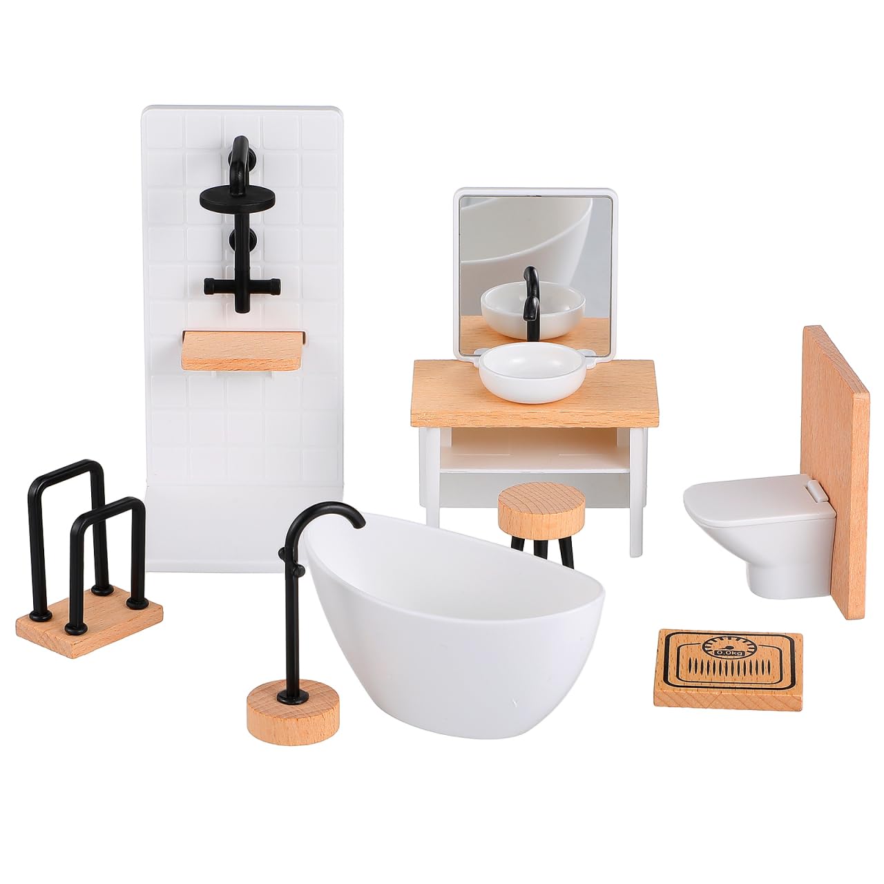 Garneck 8pcs Dollhouse Bathroom Set: 1:12 Scale Miniature Bathroom Furniture with Toilet Bathtub Sink Shower Mirror Cabinet for 