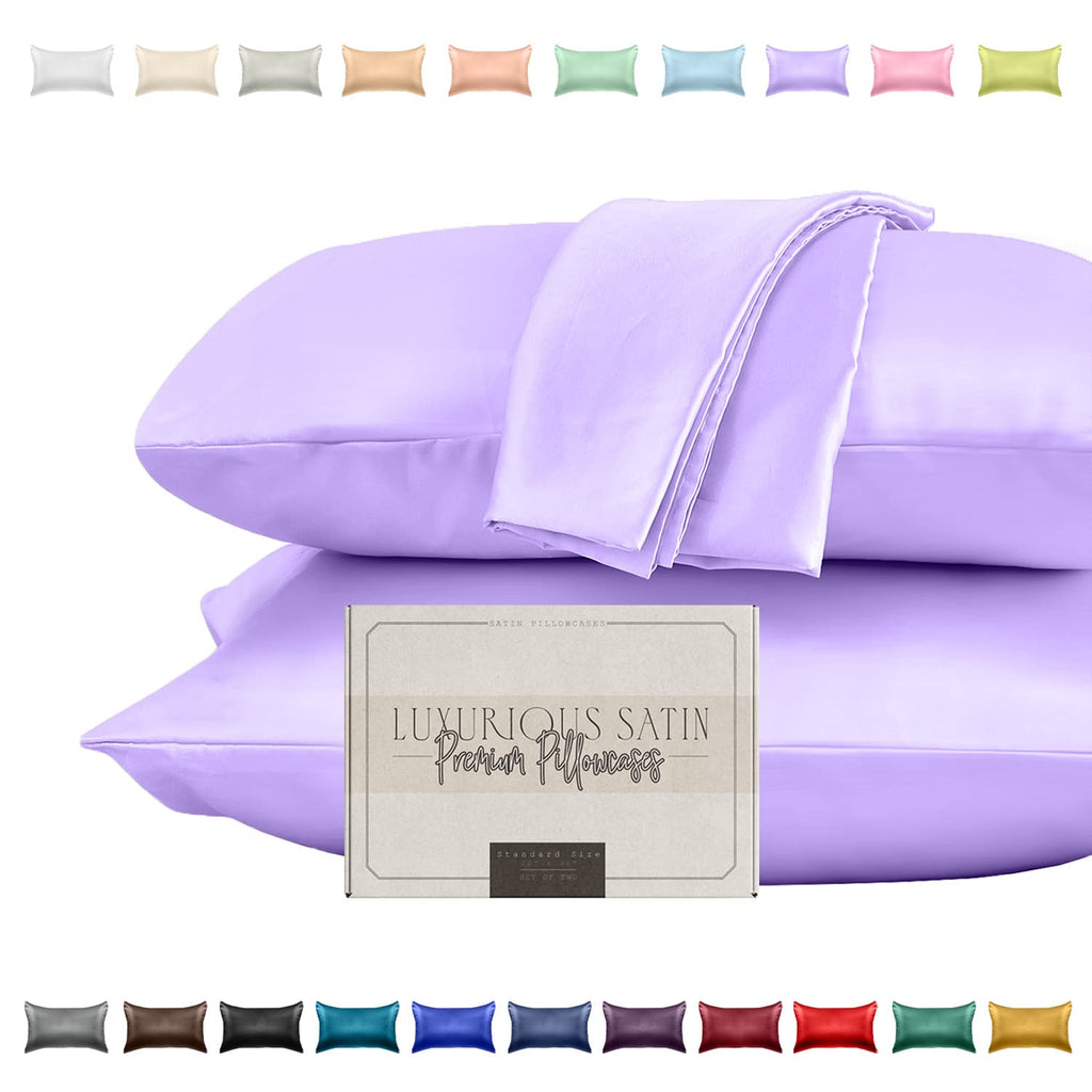 Elegant Comfort Silky And Luxurious 2-Piece Satin Pillowcase Set For Healthier Skin And Hair, Hidden Zipper Closure And Beautifully Packaged, Satin Pillowcase Set, King, Lilac