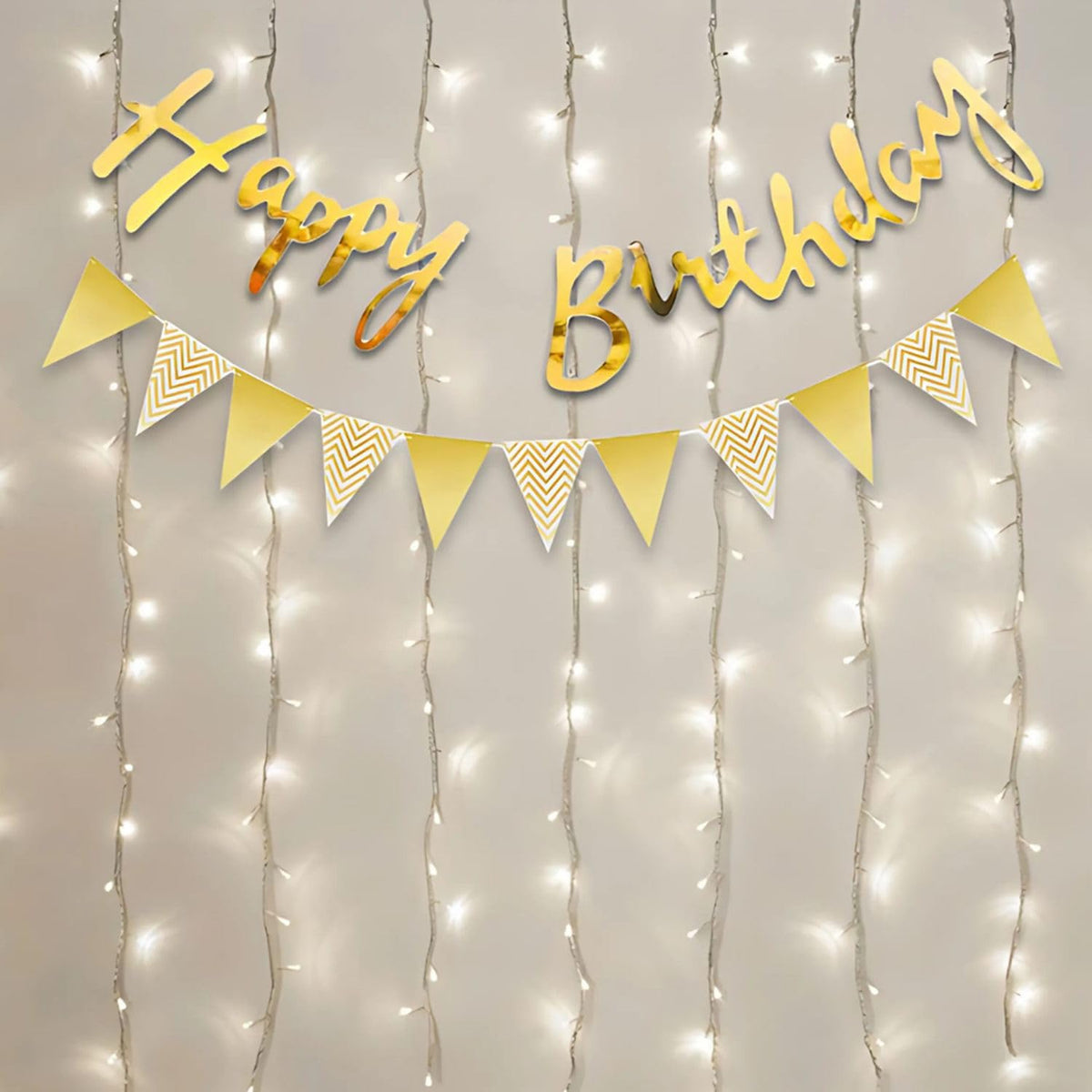 Celebration Nest 8 Pcs Birthday Decoration Kit Happy Birthday Banner LED Lights Adhesive Hooks Golden Party Decor Set for Festiv
