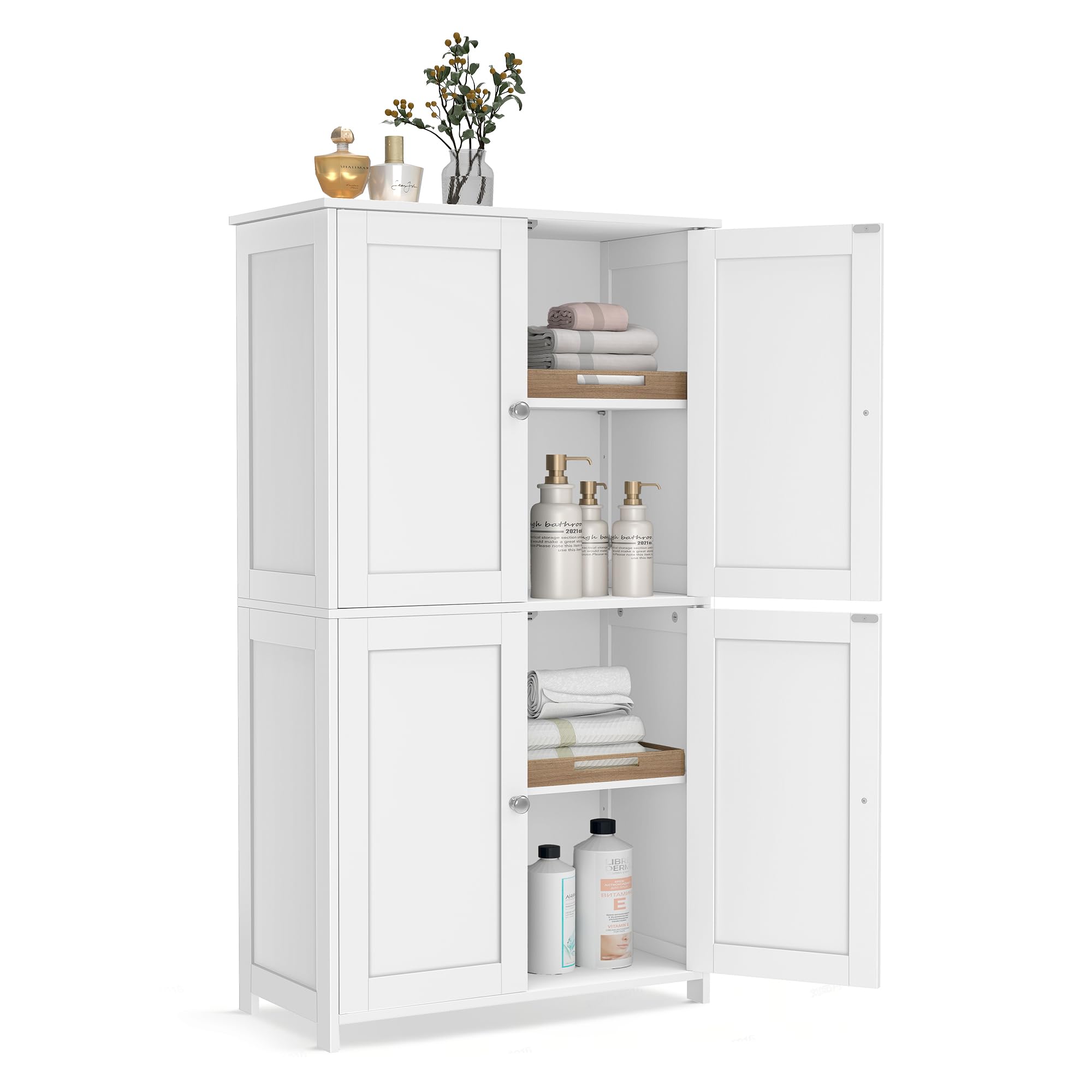 VASAGLE Floor Storage Cabinet, Shaker Cabinet with 2 Adjustable Shelves, 4 Doors, Tall Freestanding Organizer Unit, for Kitchen 