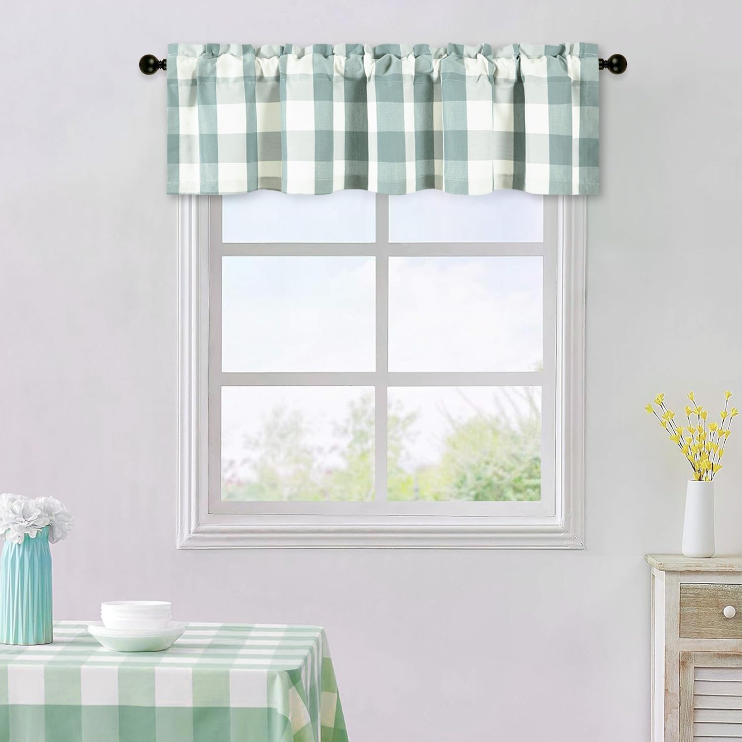 Vogol Retro Buffalo Check Pattern Kitchen Valances, Linen Textured Simple Style Drapes For Living Room, Light Blue Decorative Ja