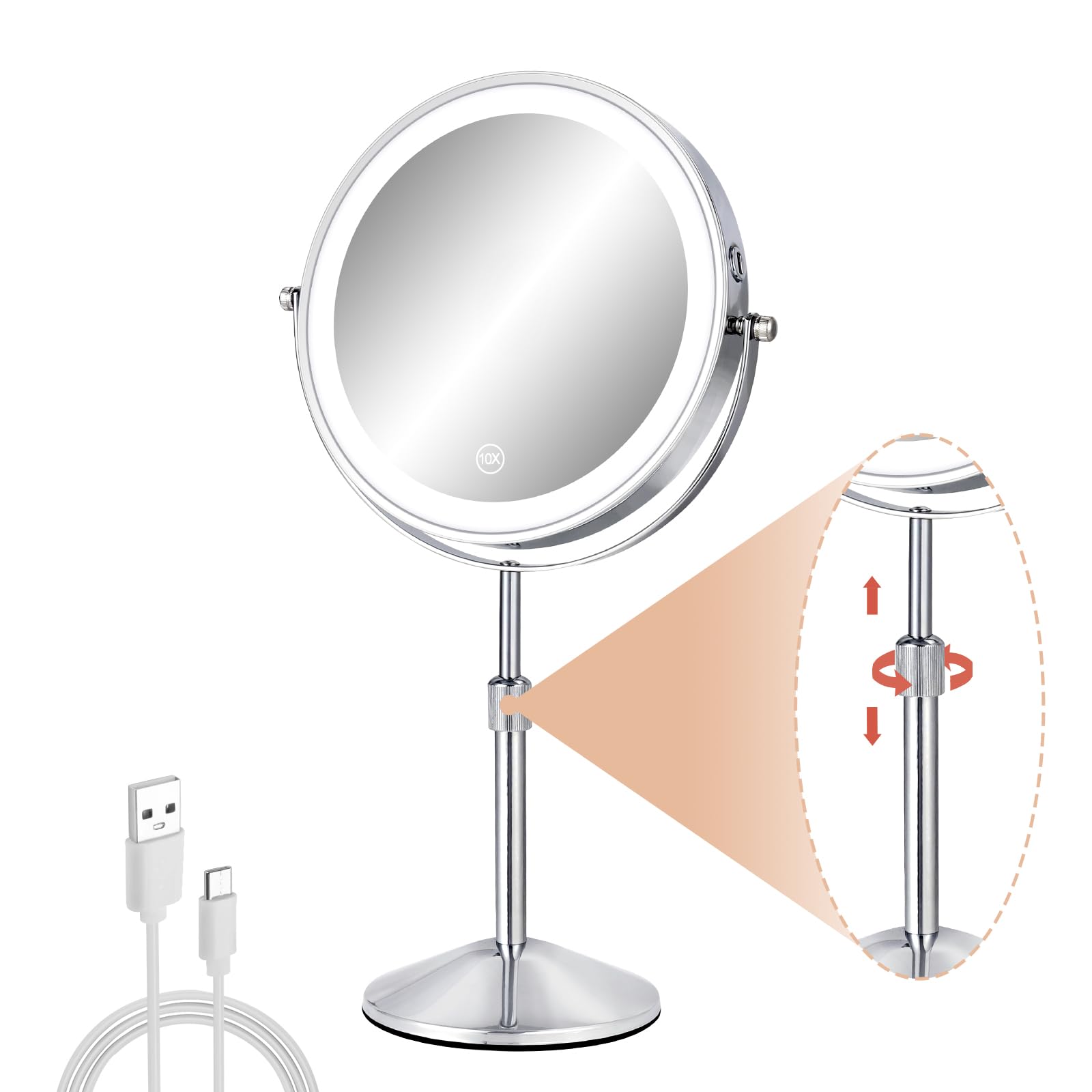 FFowcye 8 Lighted Makeup Mirror with Adjustable Height, 1X/10X Magnification, Rechargeable LED Vanity Mirror with 3 Color Modes,