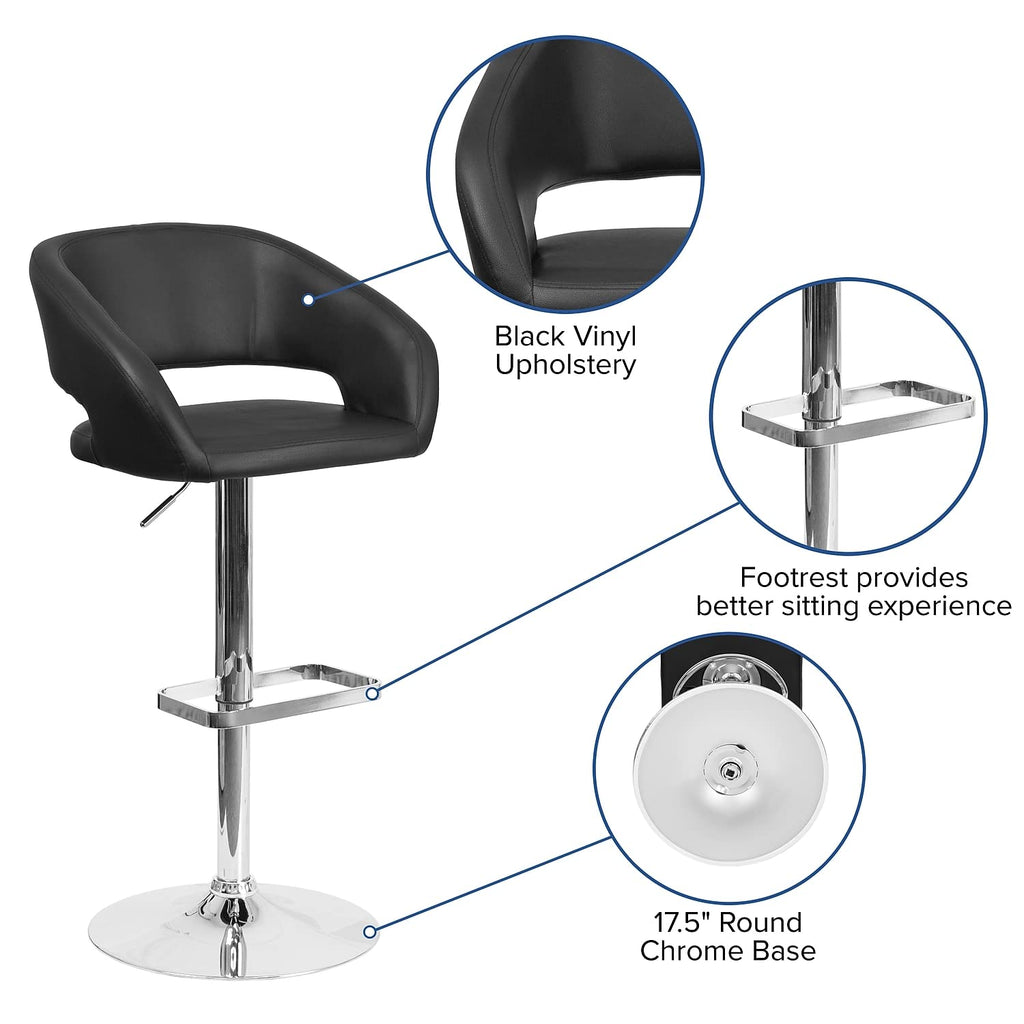 Flash Furniture Erik Comfortable & Stylish Contemporary Barstool with Rounded Mid-Back and Foot Rest, Adjustable Height - Black Vinyl with Chrome Base