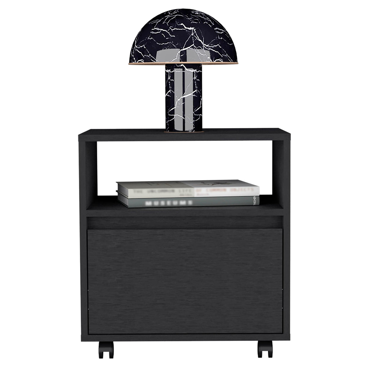Nightstand 20" H, with 1 Open Shelf, 1 Drawer and Casters, Black