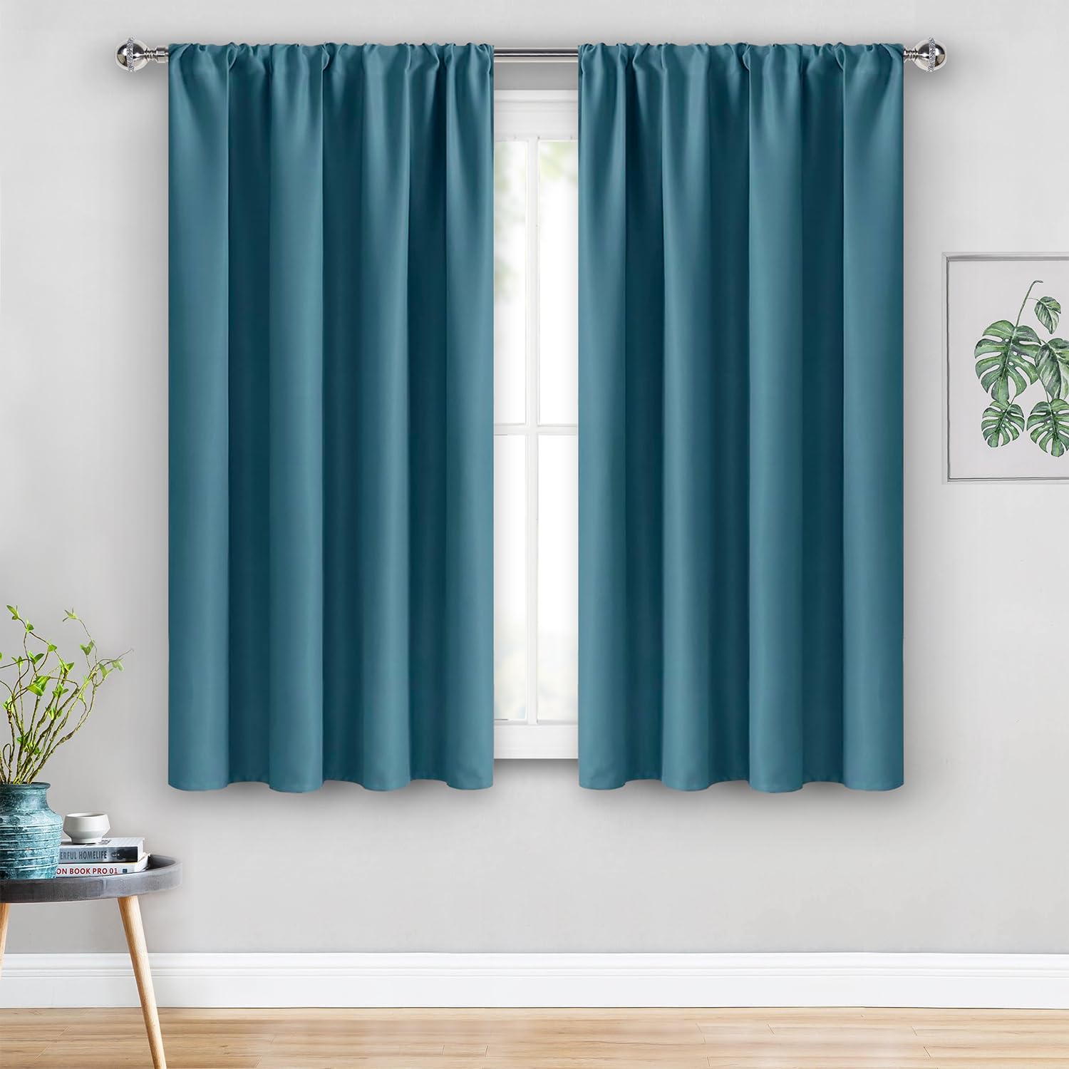 Jiuzhen Blackout Curtains For Bedroom - Thermal Insulated Room Darkening Rod Pocket Curtains For Living Room, Set Of 2 Panels With Tiebacks, 38 X 54 Inches Long, Stone Blue