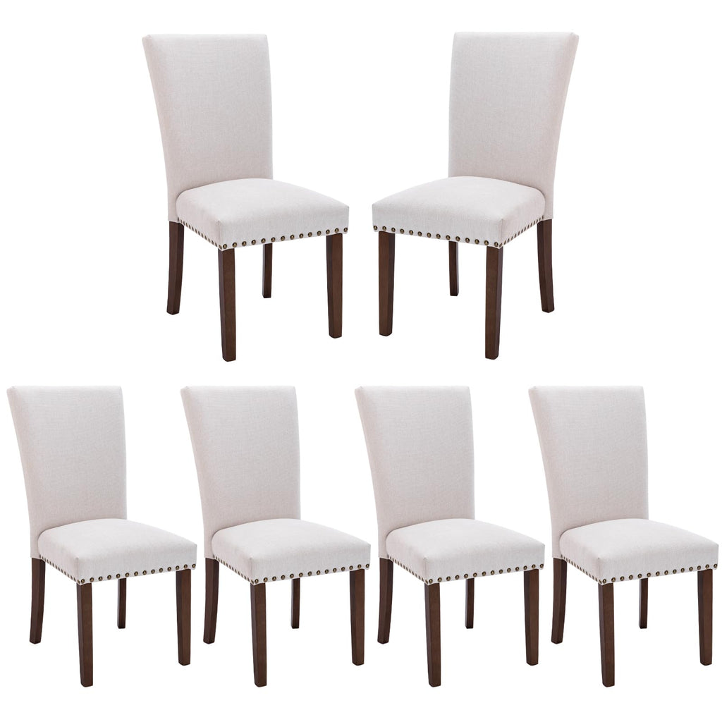 Colamy Upholstered Fabric Dining Chairs Set Of 6, High Back Padded W/Nailed Trim & Solid Wood Legs, Classic Parsons Side Chair For Home/Kitchen/Living Room-Beige