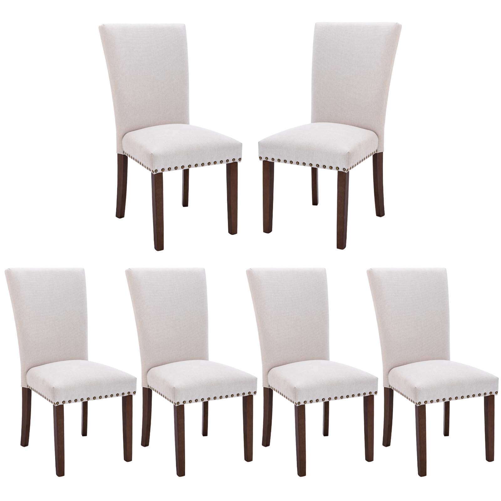 Colamy Upholstered Fabric Dining Chairs Set Of 6, High Back Padded W/Nailed Trim & Solid Wood Legs, Classic Parsons Side Chair For Home/Kitchen/Living Room-Beige