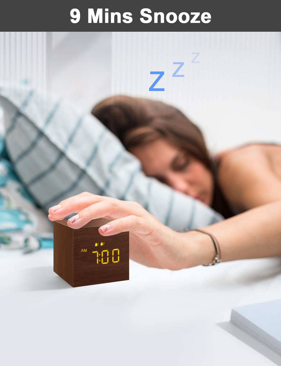 Jall Digital Alarm Clock, With Wooden Electronic Led Time Display, 3 Alarm, 2.5-Inch Cubic Small Mini Wood Made Electric Clocks
