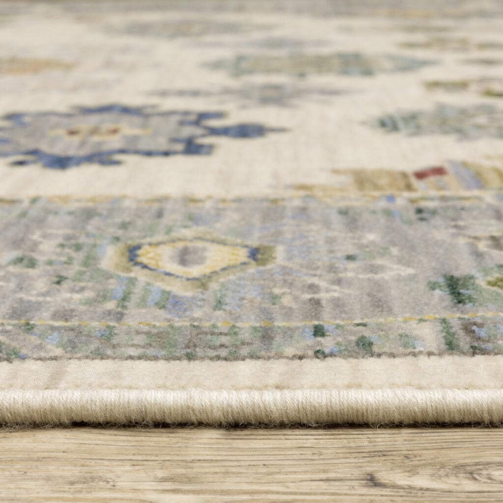 HomeRoots 509357 8 x 11 ft. Ivory Blue Gray Teal Gold Green & Rust Oriental Power Loom Stain Resistant Rectangle Area Rug with Fringe
