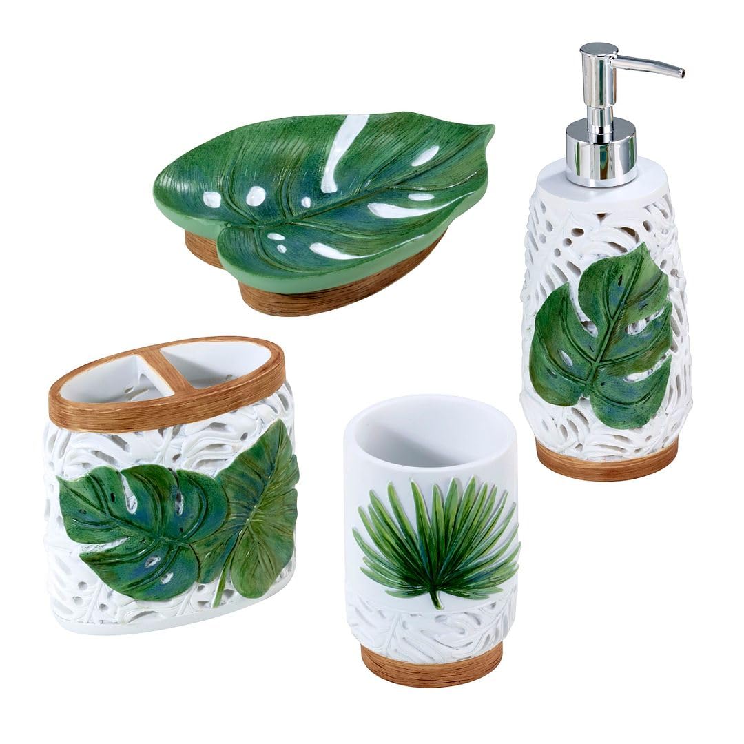 Avanti Linens - Accessory Set, Resin Tumbler, Toothbrush Holder, Soap Dish & Lotion Pump/Soap Dispenser, Tropical Bath Decor (Vi
