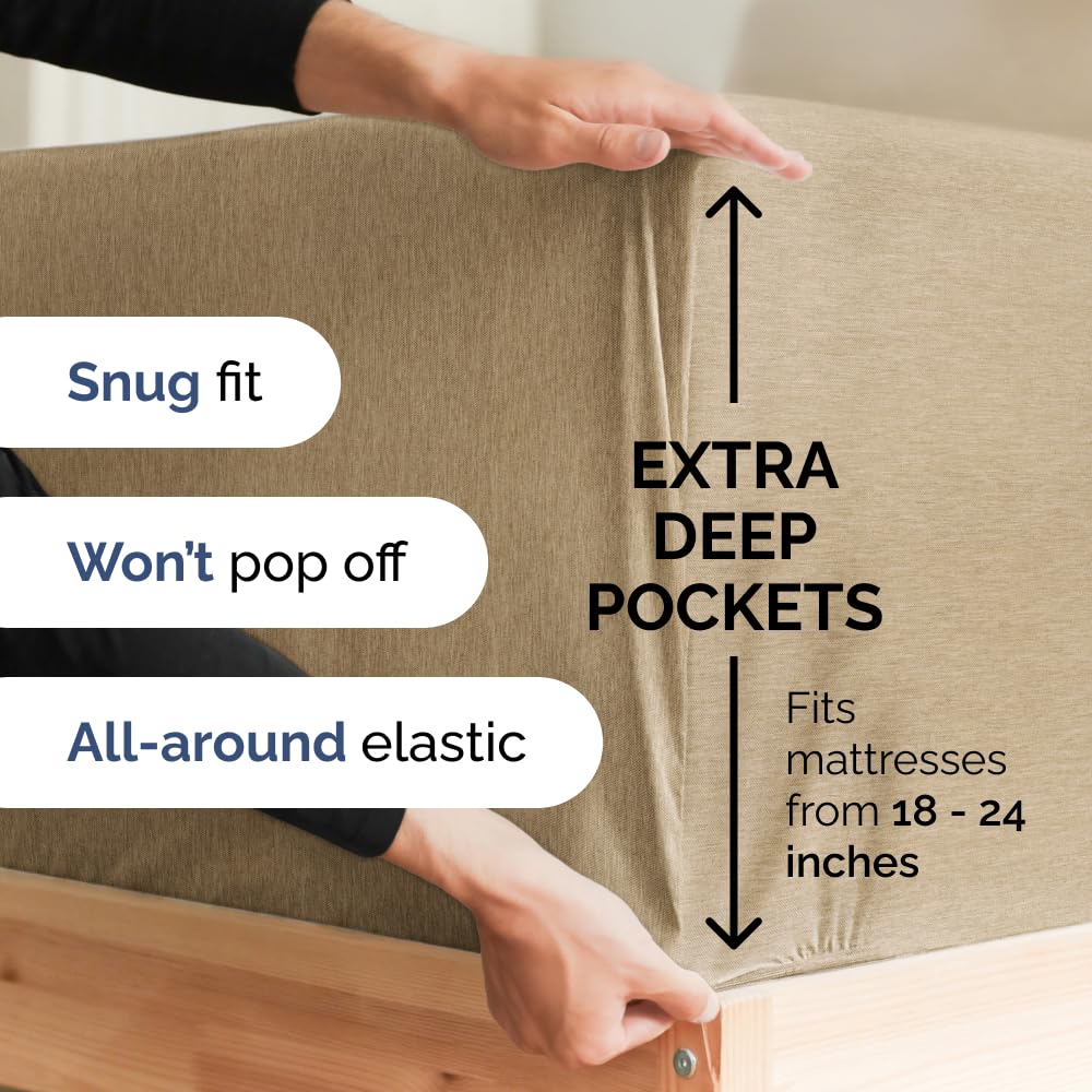 Extra Deep Pocket Full Sheets - 4 Piece Breathable & Cooling Bed Sheets - Hotel Luxury Bed Sheet Set - Soft, Wrinkle Free & Comfy - Easily Fits Extra Deep Mattresses - Deep Pocket Heathered Tan Sheets