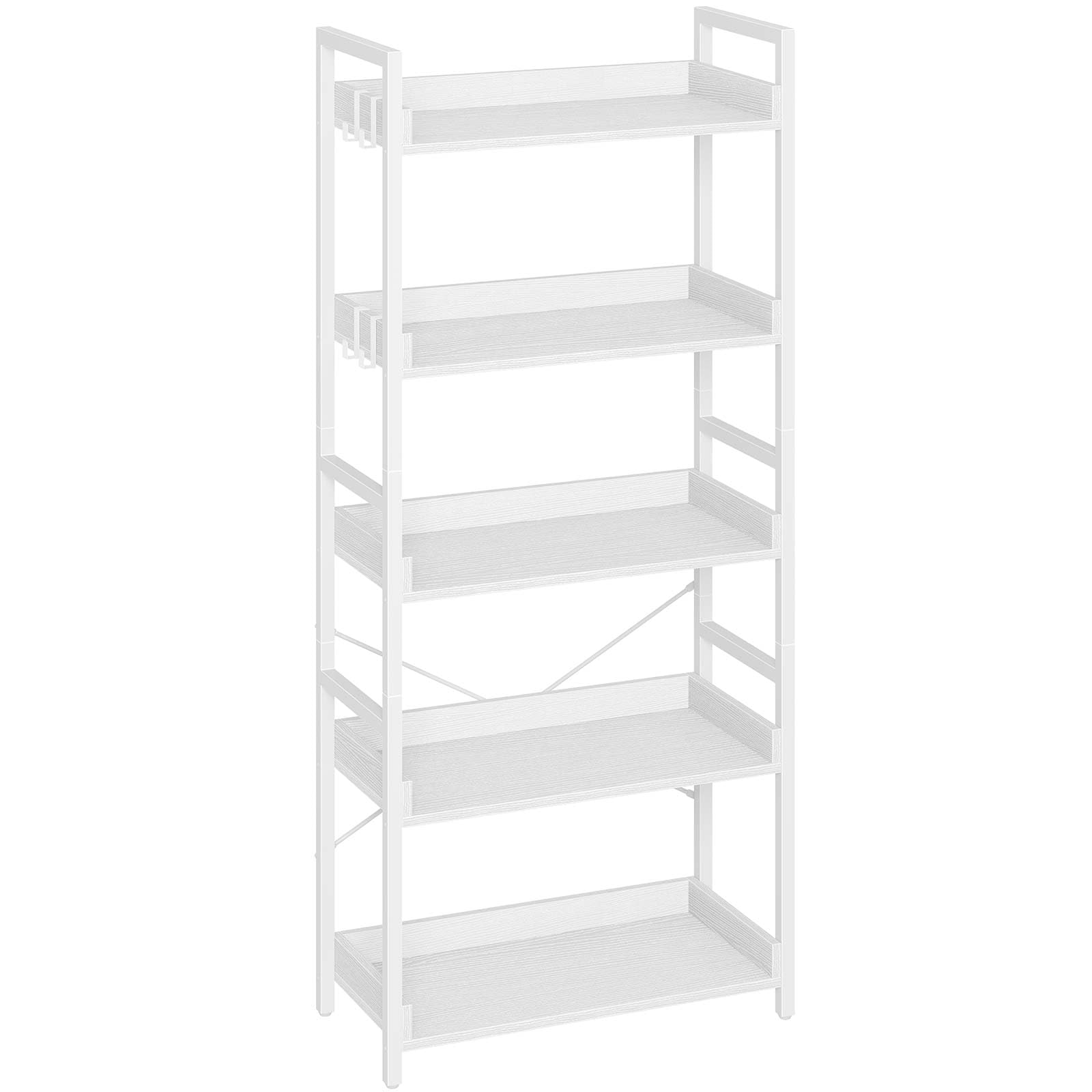 Rolanstar Bookshelf 5 Tier with 4 Hooks, Industrial Wood Bookcase, Vintage Storage Rack with Open Shelves, Rustic Standing Books