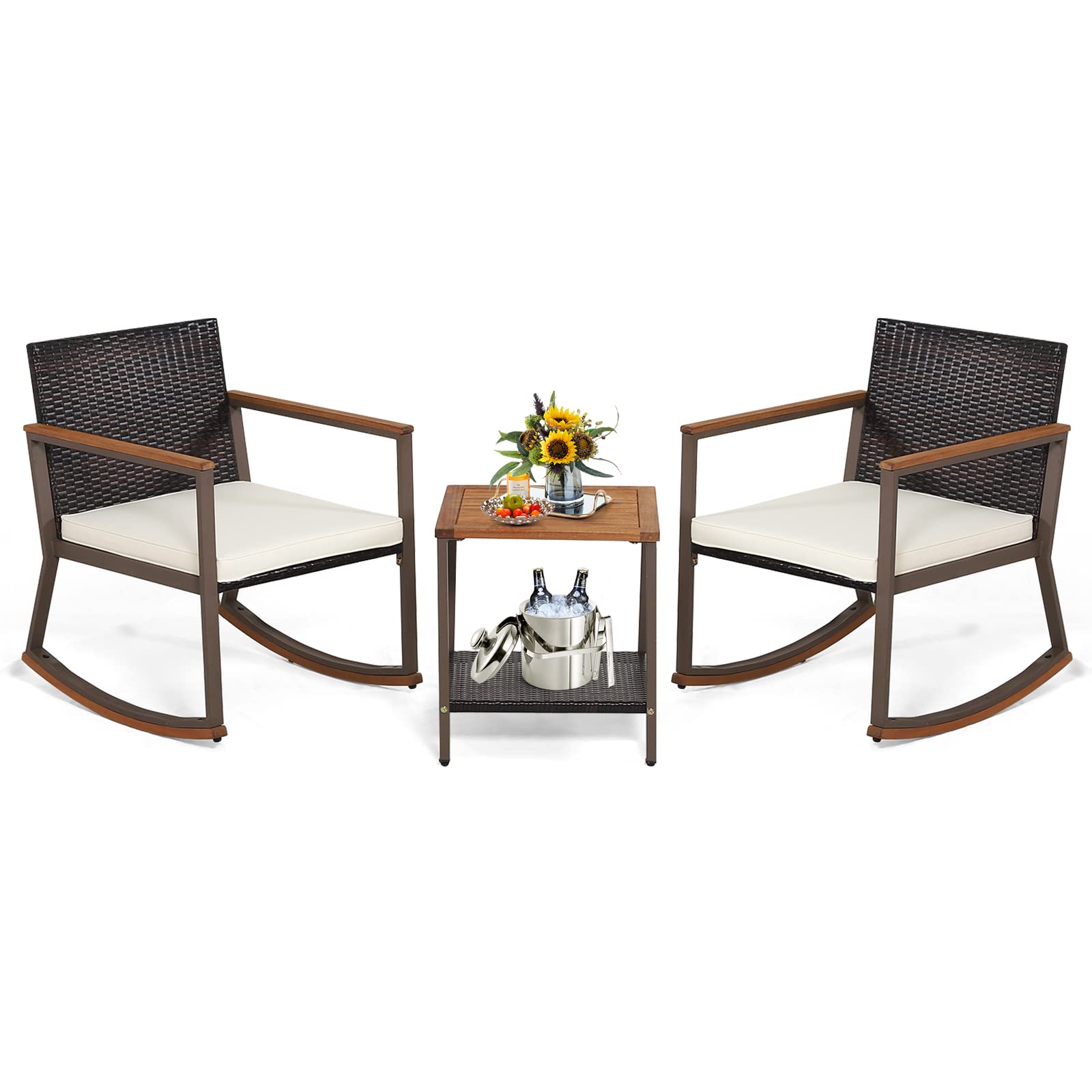 Tangkula 3 Pieces Rocking Bistro Set, Outdoor Rocker Chair With Coffee Table & Cushions, Patio Rattan Furniture Conversation Set For Balcony Porch Poolside (Off White)