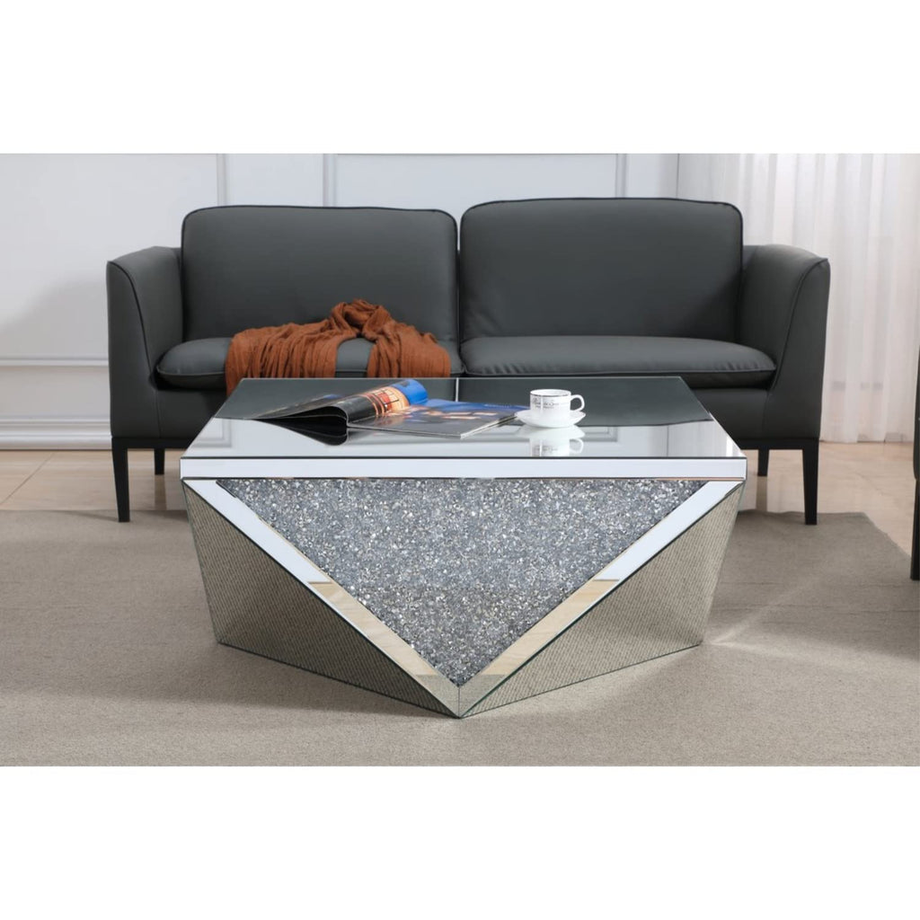 Elegant Decor Modern 38" Square Polygonal Silver Crystal Mirrored Coffee Table