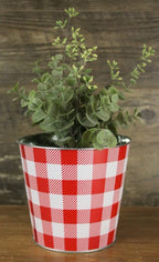 Red White Plaid Tin Pot - 6.75' Diameter, 5.5' Tall, Gift Basket Decoration, Gingham Flower Pot, Garden Decor, Festive Succule