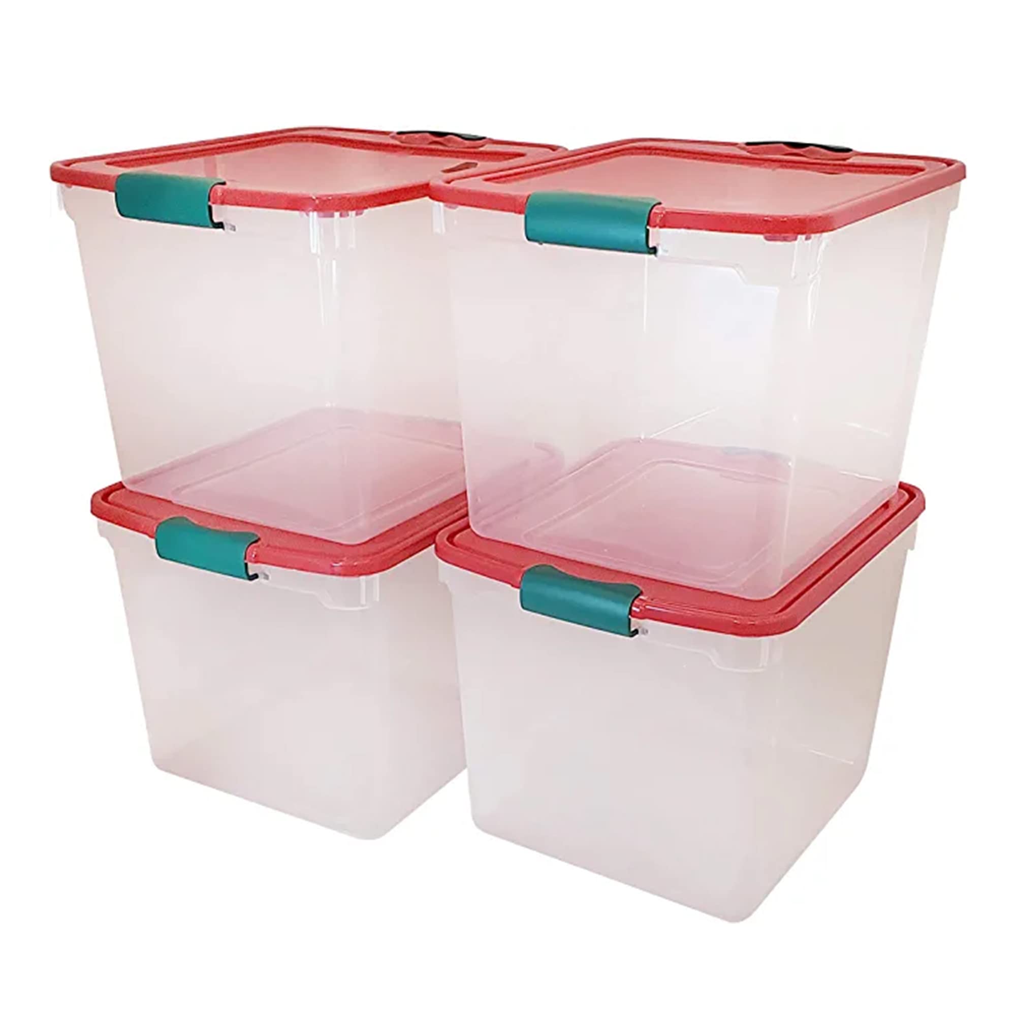 HOMZ 31-Quart Medium Holiday Clear Stackable Organizer Plastic Storage Container with Red Tight Latching Lid and Green Handles, 