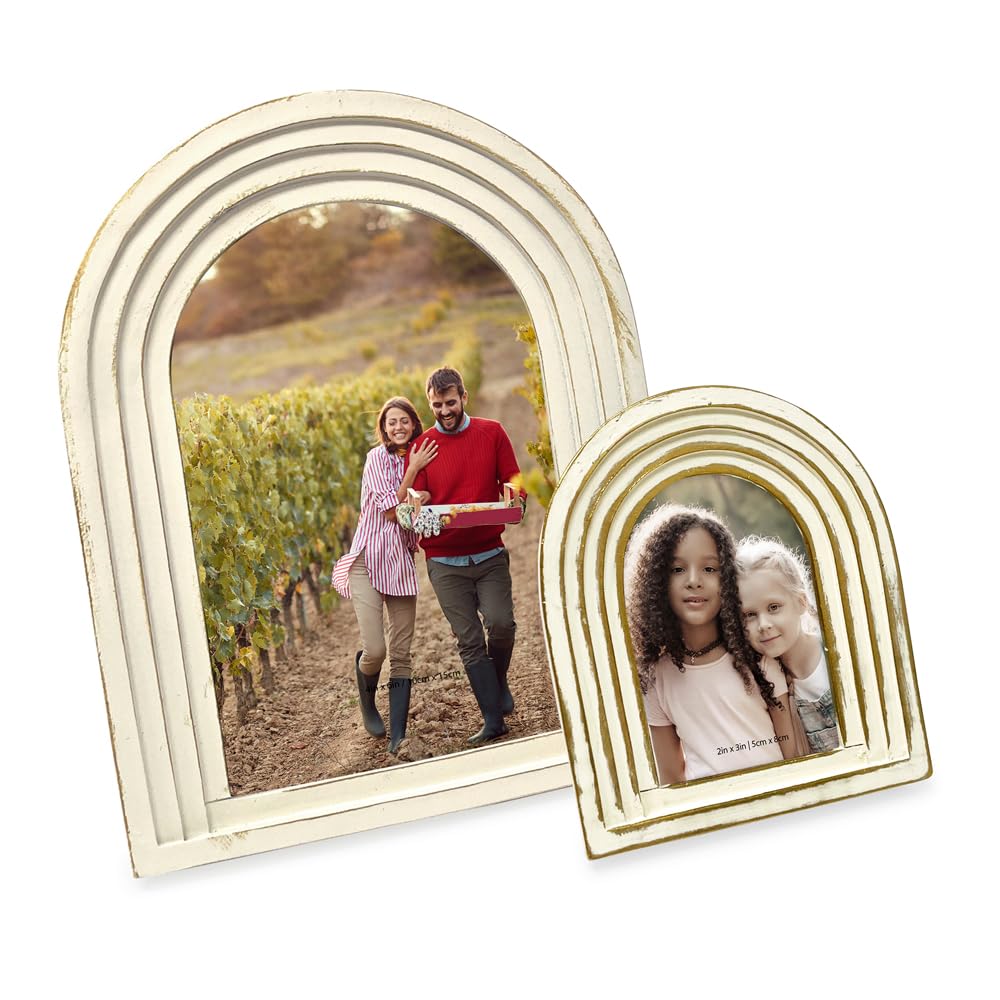 Isaac Jacobs 2X3 Vertical White With Gold Arc Resin Picture Frame With Gradient Design, Decorative Photo Frame, Tabletop & Wall