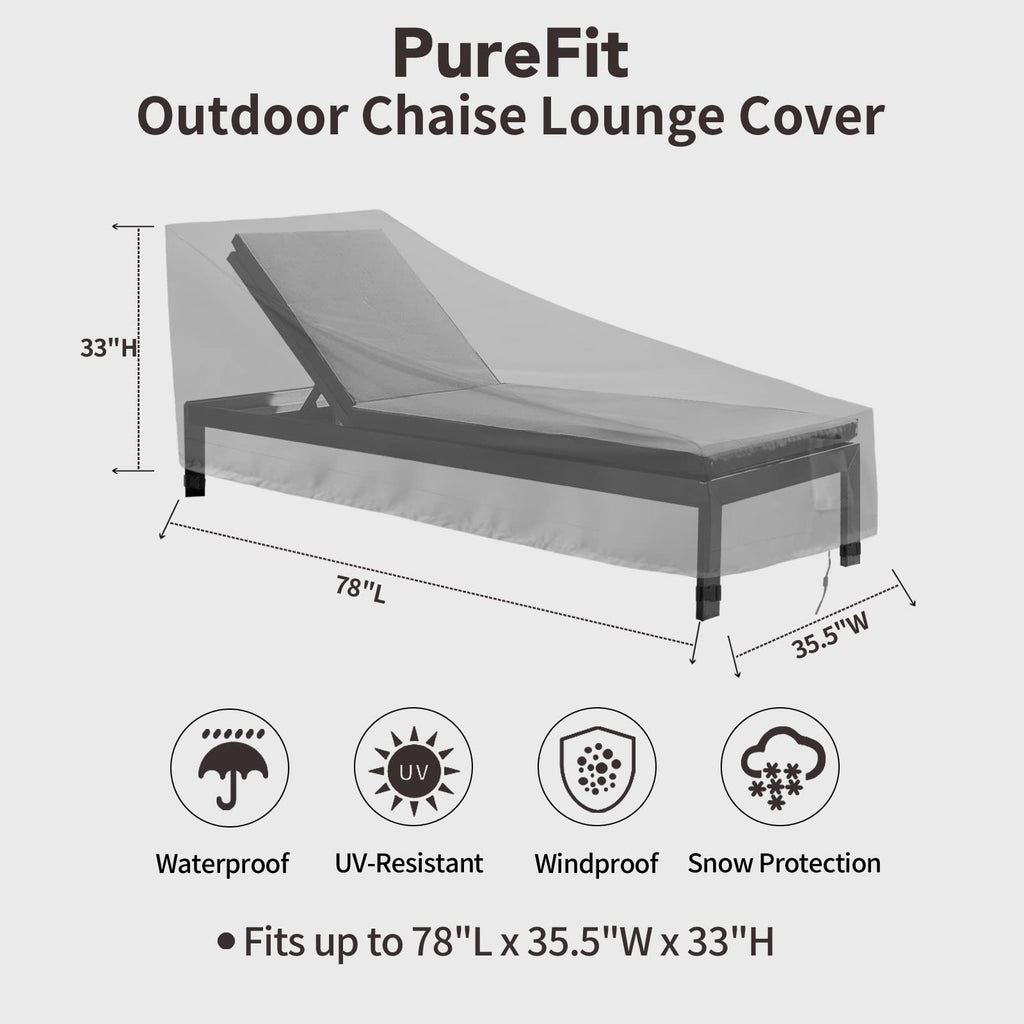 Purefit Outdoor Chaise Lounge Cover, Lounge Chair Covers Waterproof Patio Furniture Lounge Chair Cover, Uv Resistant & Weatherproof, 1 Pack, 78'L X 35.5'W X 33'H Inches, Gray