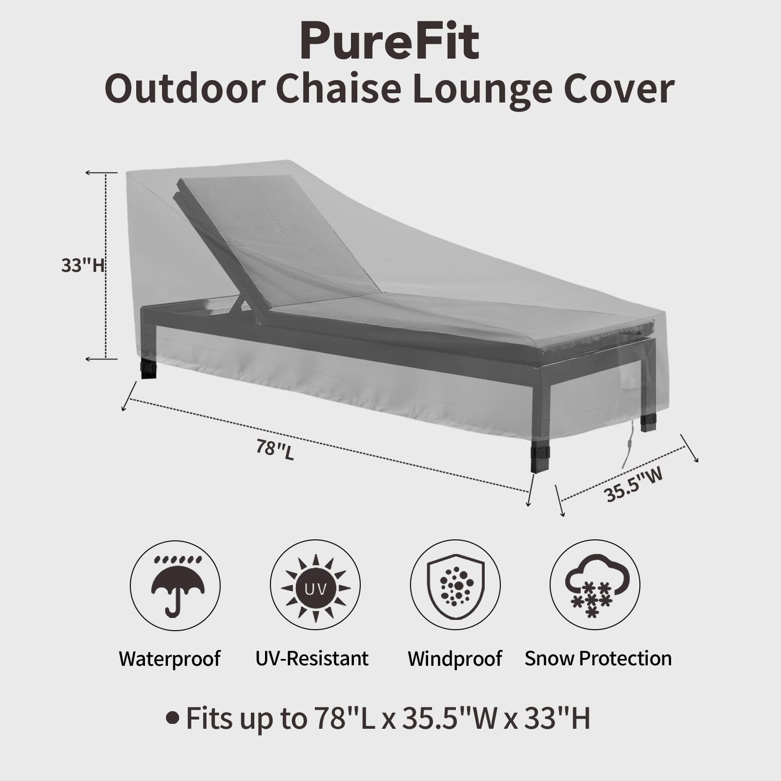 Purefit Outdoor Chaise Lounge Cover, Lounge Chair Covers Waterproof Patio Furniture Lounge Chair Cover, Uv Resistant & Weatherproof, 1 Pack, 78'L X 35.5'W X 33'H Inches, Gray