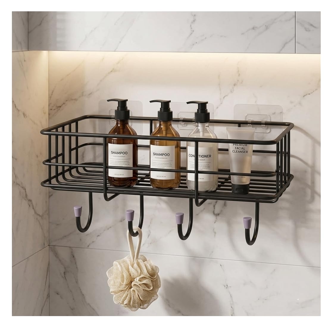 CLINTON SelfAdhesive Shower Caddy, Wall Mounted Storage Rack with Hooks for Bathroom and Kitchen, Black