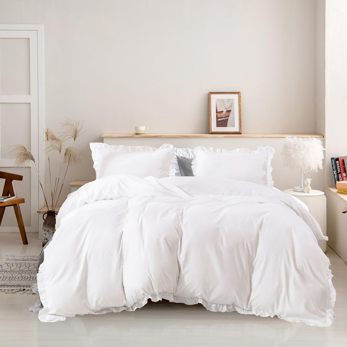 Luxlovery White Ruffle Comforter Set Full Farmhouse Boho Bedding Comforter Set Plain White Shabby Chic Solid Cotton Blanket Quil